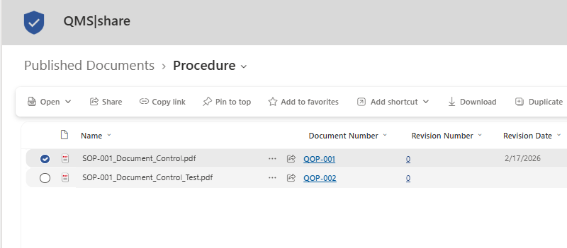 QMS|share Document Control published documents library with document numbers, revision numbers, and revision dates